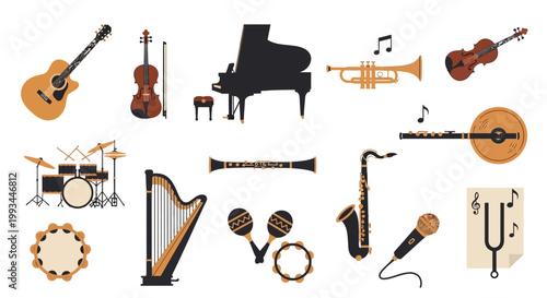 Flat illustration of various musical instruments set on white background