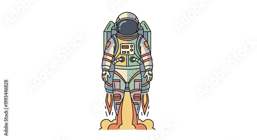 Minimalist vector illustration of an astronaut flying with a jetpack