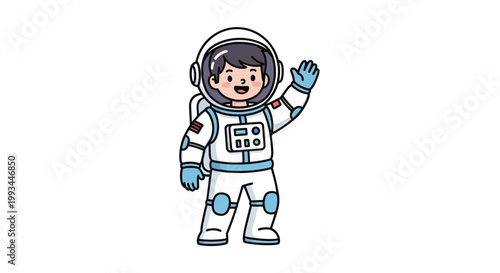 Cute cartoon boy in an astronaut suit waving happily on white background.