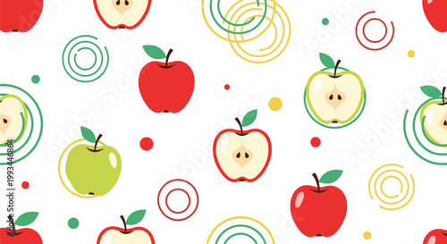 Colorful seamless pattern featuring red and green apples with whole fruit and half sections among decorative abstract circles.