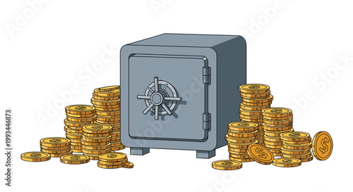 Metal safe box standing on white background surrounded by large stacks of golden dollar coins for savings concept.