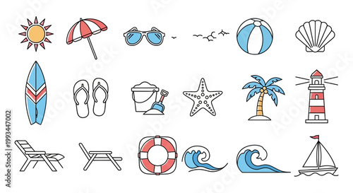 Collection of summer and beach vacation related icons.