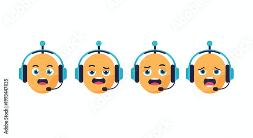 Set of four cute robot head icons with headsets showing various facial expressions for customer service chatbot concept.