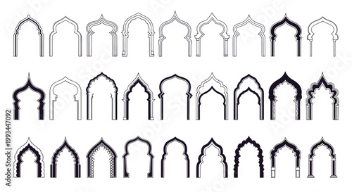 Set of twenty-four unique oriental arched frames in various decorative shapes for traditional middle eastern design projects.