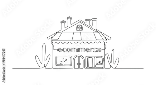 E-commerce store building, online shopping concept, digital retail house, business growth