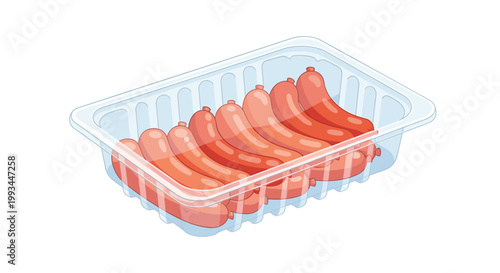 Fresh pink sausages packed in clear plastic food tray with transparent film wrap for retail meat department display.