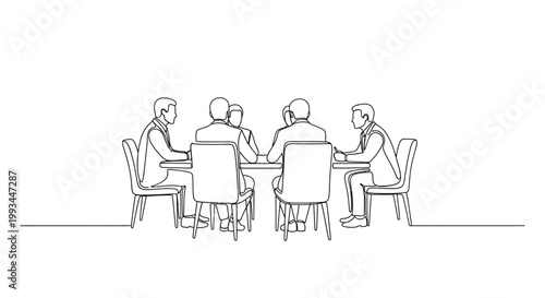Business meeting, team collaboration, group discussion around a table, minimalist line art