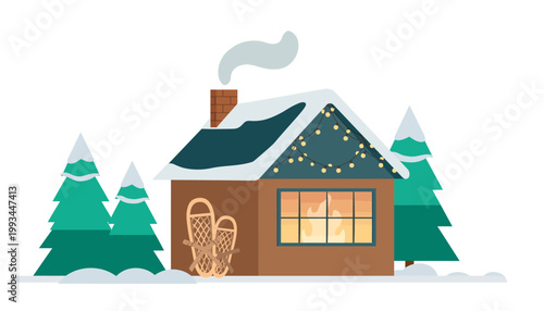 Festive Winter Holiday Getaway Cabin in Snow Illustration