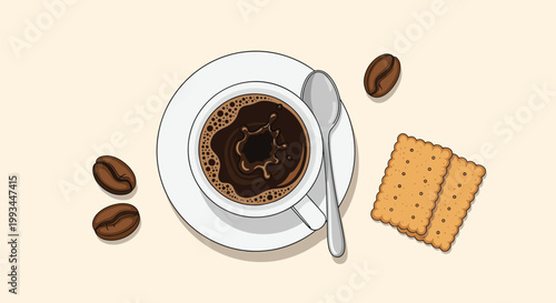 Top view of cup of black coffee on saucer with spoon, biscuits, and roasted coffee beans on light background table.