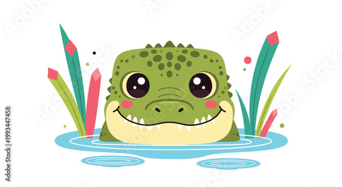 Adorable green crocodile character with big eyes peeking out of blue water surrounded by colorful aquatic plants.