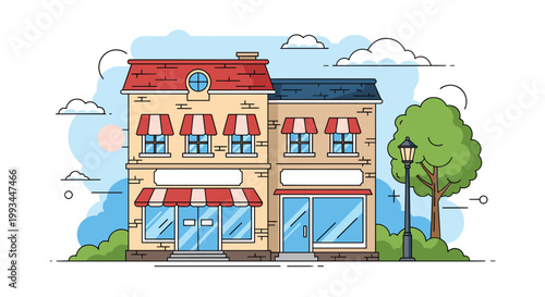 Charming two-story city building with brick facade, red awnings, shop windows, and large green tree on the street.