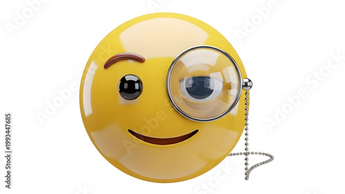 Smiling yellow emoji with magnifying glass on transparent background