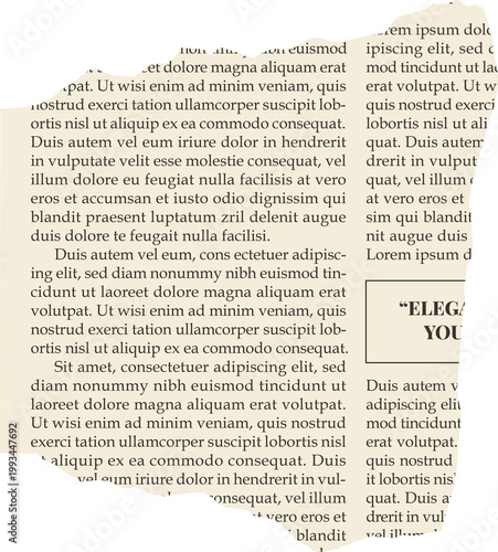 A piece of old newspaper with lorem ipsum text on a transparent background.