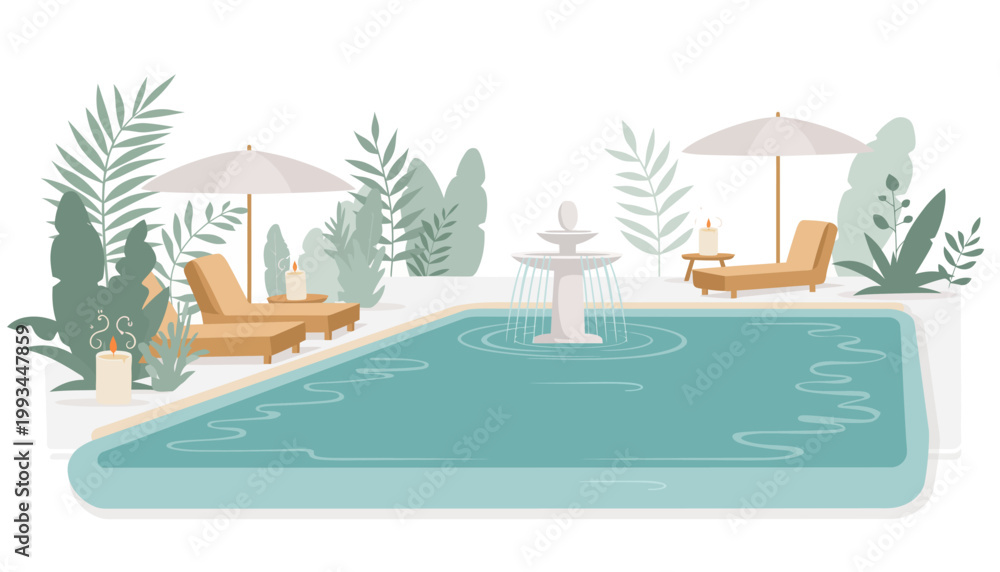 Fototapeta premium Relaxing Flat Vector Spa Getaway with Swimming Pool