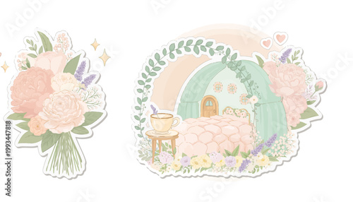Mothers Day Vacation Sticker with Cozy Flowers and Room