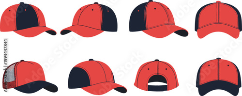 Baseball Cap Icon Set Featuring Snapback Hats from Multiple Angles for Casual Fashion, Streetwear, and Apparel Flat Vector Illustration