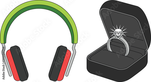 Colorful over-ear headphones and sparkling diamond engagement ring in elegant open jewelry box