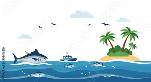 Tuna fish swimming near a boat and island with palm trees.