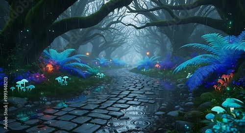 Mysterious Cobblestone Path in Dark Forest.