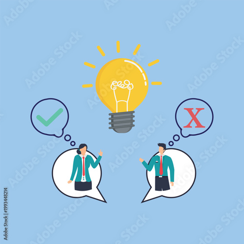 Business brainstorming concept with lightbulb, professional people discussing ideas, creative problem solving with check and cross symbols