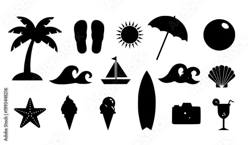 A collection of black beach icons on a white background
