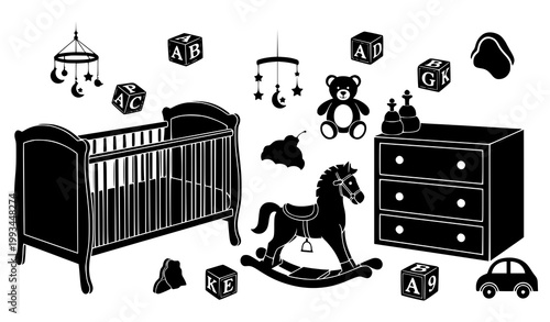 A black and white vector illustration of nursery room objects and toys