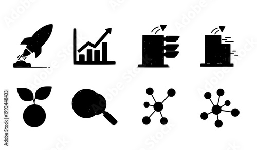 A set of modern black vector icons for business and technology