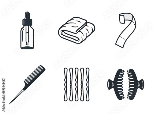 Set of six hand-drawn beauty and hair care tools.