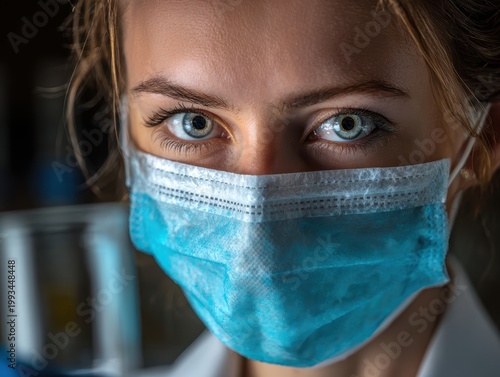 Masked Gaze: A close-up portrait of a woman, with striking blue eyes, wearing a surgical mask. It's a poignant depiction of modern healthcare and public safety. 