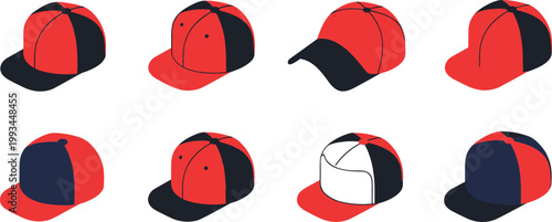 Baseball Cap Icon Set Featuring Snapback Hats in Different Angles and Styles for Casual Fashion and Streetwear Flat Vector Illustration