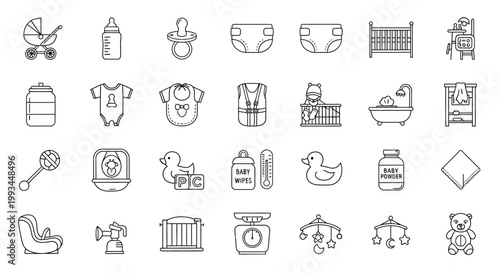 Set of thin line icons for baby care and newborn accessories.