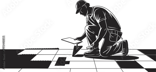 Professional worker installing floor tiles with precision using trowel and alignment tools