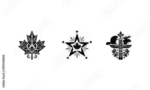 Canadian maple leaf star totem pole beaver moose vector art.