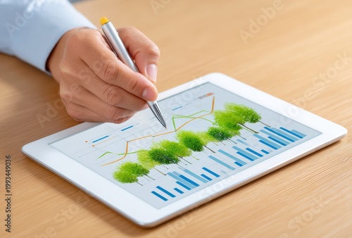 Digital Insights: A person interacts with a digital tablet displaying environmental charts, symbolizing analytical data in the business world and the integration of eco-conscious practices. 