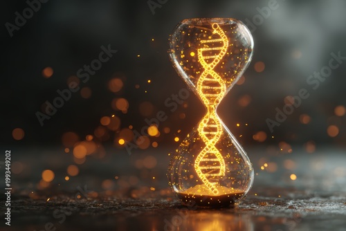 Time's Genetic Passage: An artistic representation of a sandglass, with a glowing double helix DNA strand replacing sand, signifying the passage of time in the realm of genetic heritage. 