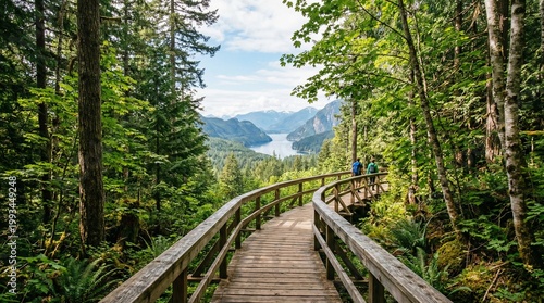 Wooden boardwalk path through lush green forest with scenic lake view