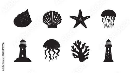 Marine coastal silhouette icon set