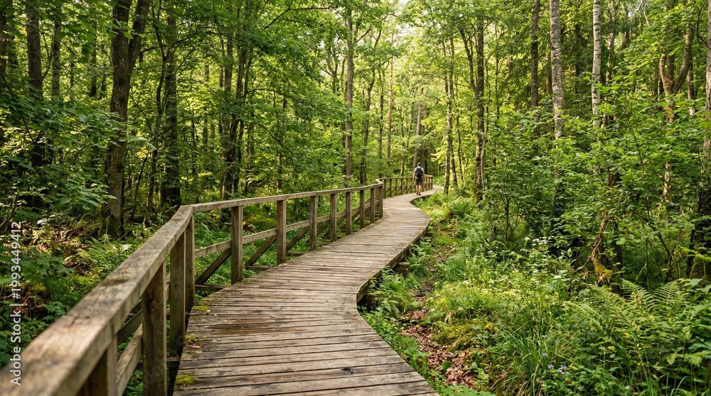 Obraz premium Wooden boardwalk path winding through a lush green forest with a distant cyclist.