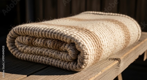 Thick hand spun alpaca wool blanket with natural stripes folded on wooden surface