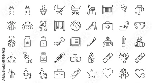 Collection of baby care and nursery equipment line icons on white background