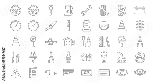 Large set of car service and automotive repair line icons on white background