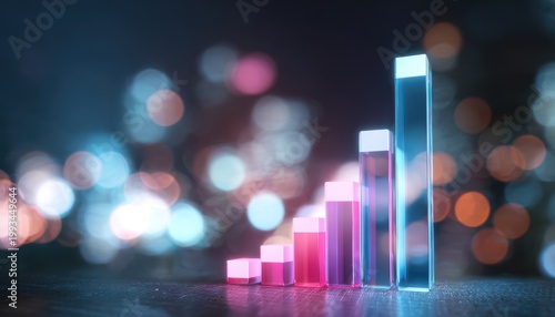 Rising Statistics: A vibrant chart, its transparent bars ascending against a bokeh of city lights, symbolizes growth and data visualization.