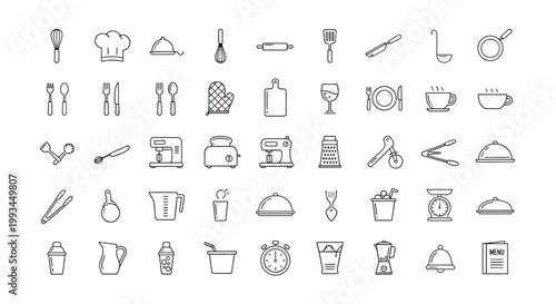 Collection of kitchen utensils and cooking icons in outline style.
