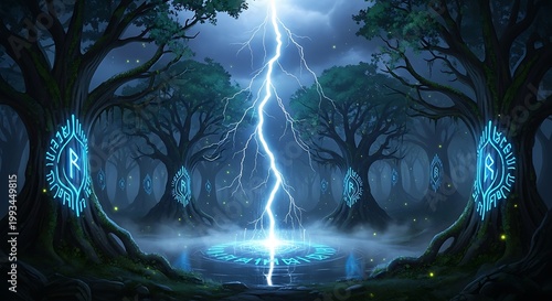 Mysterious Forest with Lightning and Ancient Symbols.