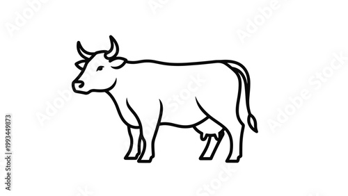 Simple black and white line drawing of a dairy cow shows the animal in profile view for farming, agriculture, and milk production themes.