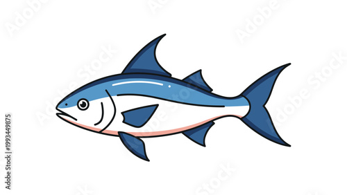 Large blue fish with white belly and prominent fins is illustrated in a clean vector style for aquarium and fishing related concepts.