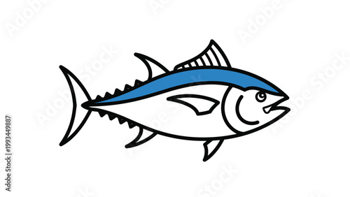 Powerful bluefin tuna fish is illustrated in a clean vector style with a white belly and blue back for marine and seafood industry use.