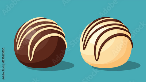 Two round chocolate truffles including one dark chocolate and one white chocolate are decorated with elegant drizzled lines on top.