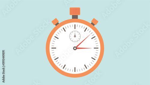 Bright orange stopwatch with a white face and black markings is shown against a light blue background to represent time and efficiency.