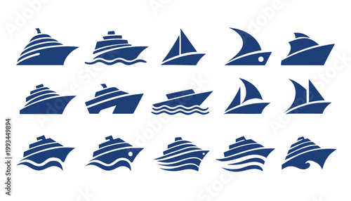 Set of modern cruise ship and sailboat icons on blue waves with sailboat watercraft nautical transport vacation recreation illustration navigation maritime shipping minimalist
